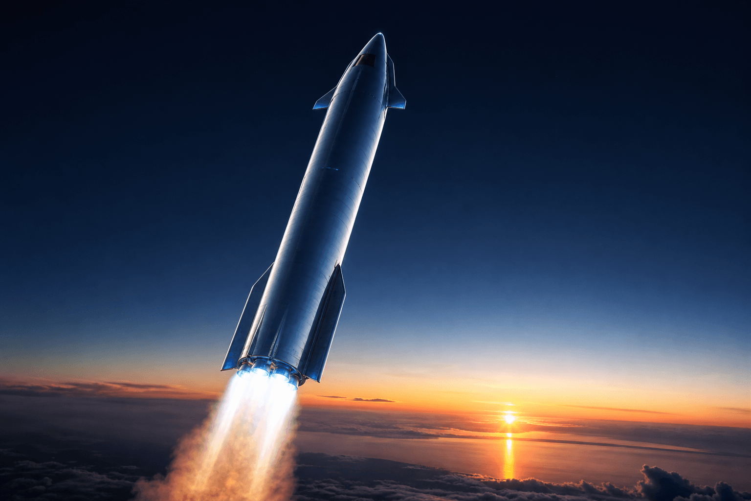 Rocket ascending at dawn, symbolizing precision aerospace engineering